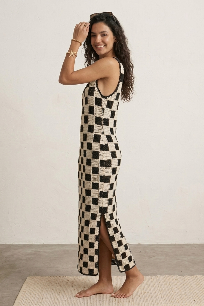 Black & Cream Check Maxi Dress – The Little NooQ